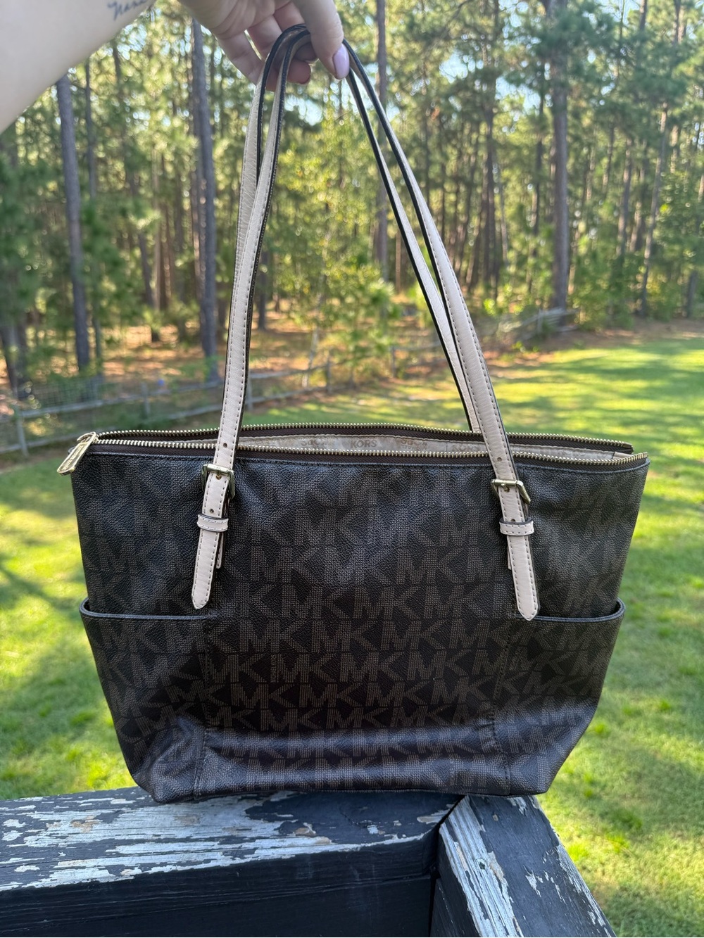 Michael Kors Dark Brown Signature Tote with Neutral Handles